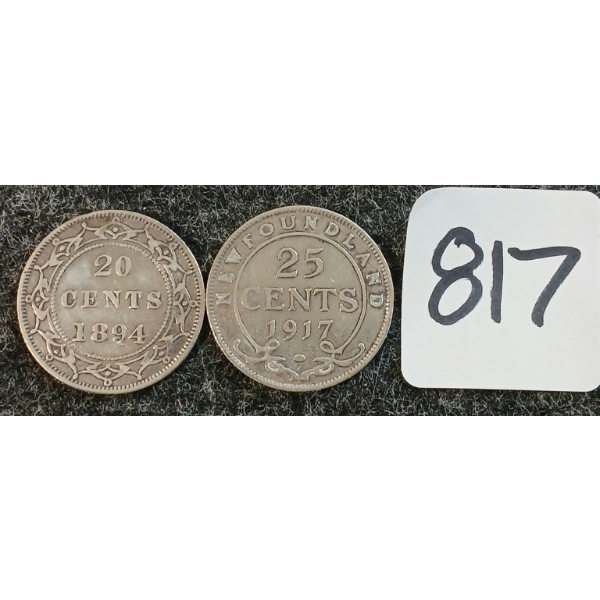 LOT OF 2 - 1894 & 1917 NEWFOUNDLAND 20 & 25 CENT COINS