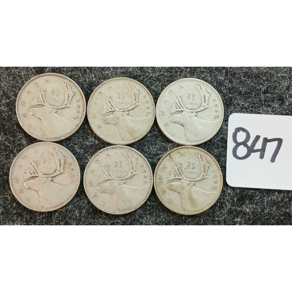 LOT OF 6 - 1947 CDN 25 CENT COINS