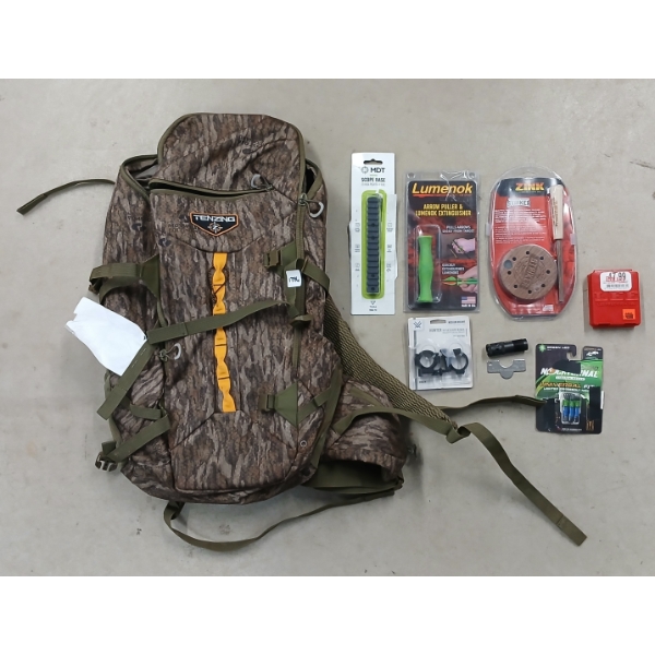 JOB LOT - ARROW PULLER, SCOPE BASE & TENZING HUNTING PACK ETC