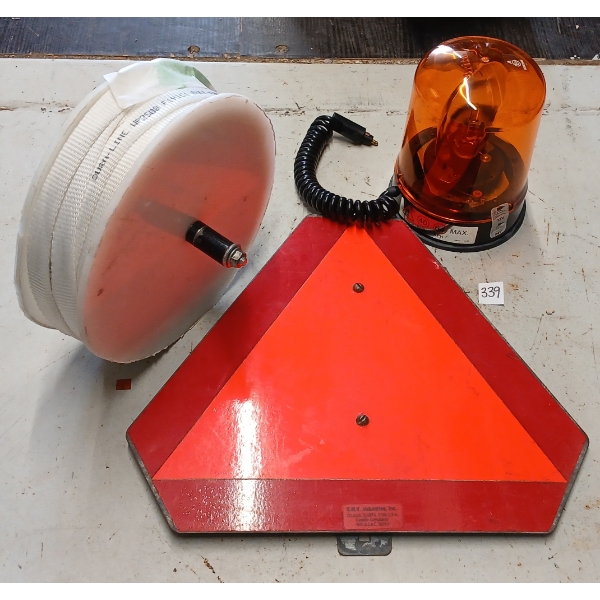 LOT OF 3 - SLOW MOVING VEHICLE SIGN, BEACON LIGHT & DURA-LINE BULL LINE STRAPPING
