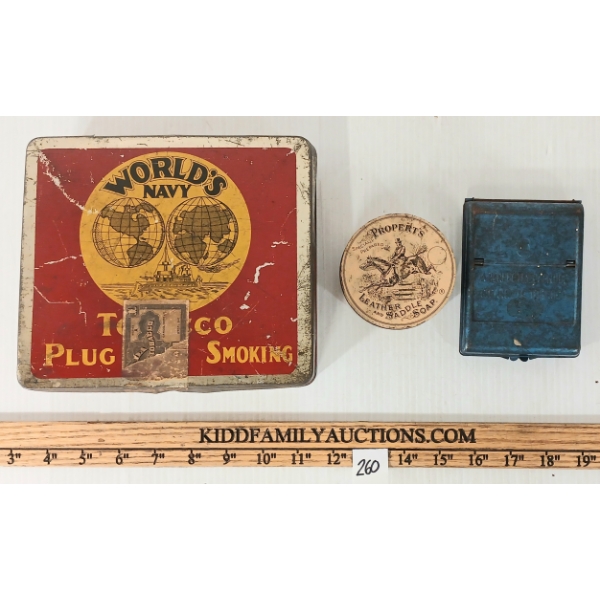 LOT OF 3 - WORLD'S NAVY TOBACCO TIN, TOP CIGARETTE ROLLER & PROPERT'S LEATHER & SADDLE SOAP