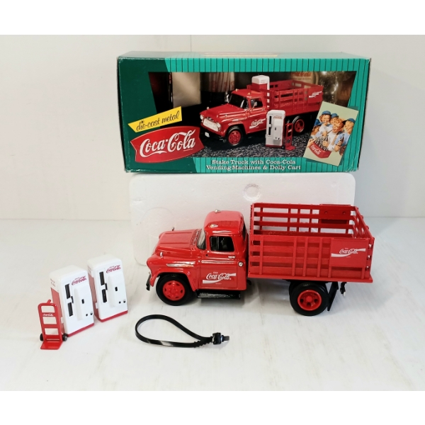 COCA-COLA DIECAST STAKE TRUCK W/ VENDING MACHINE & DOLLY CART