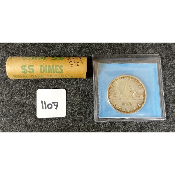 LOT OF 2 - 1960 CDN SILVER DOLLAR & ROLL OF 1968 CDN  10 CENT COINS - CCCS GRADED