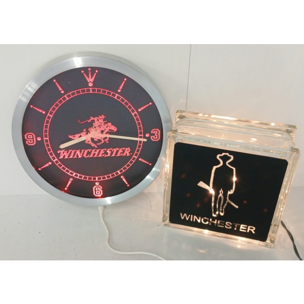 LOT OF 2 - WINCHESTER LIGHT UP GLASS CUBE & WALL CLOCK