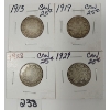 Image 1 : LOT OF 4 - CDN 25 CENT SILVER PCS - 1913, '19, '28 & '29