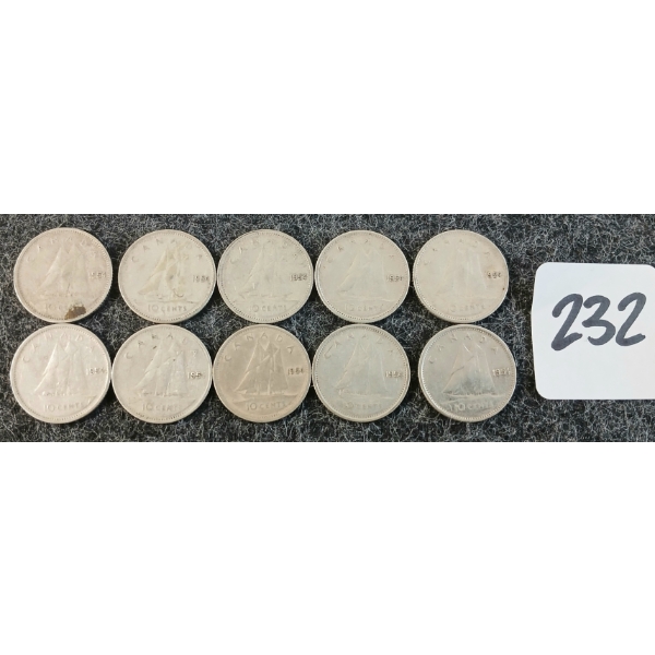 LOT OF 10 - 1954 CDN 10 CENT COINS