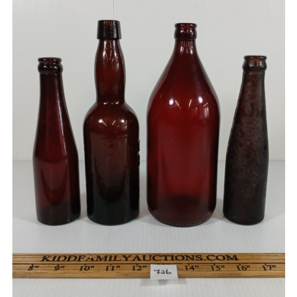 LOT OF 4 - AMETHYST EMBOSSED BOTTLES - INCL WALKERVILLE BREWING CO. LTD. 