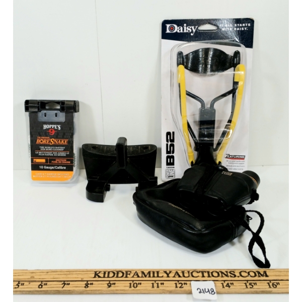 LOT OF 5 - DAISY POWERLINE B52 SLINGSHOT, HOPPE'S BORE SNAKE, BAUSCH & LOMB BINOCULARS, ETC