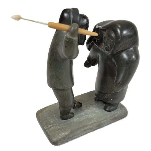 MAN W/ SPEAR THREATENING WOMAN & CHILD BY JOHNNY MEEKO SR. (PRS CDN ARTIST) - STONE 