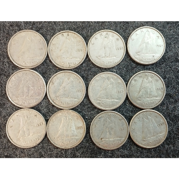 LOT OF 12 - 1952-1966 CDN 10 CENT COINS