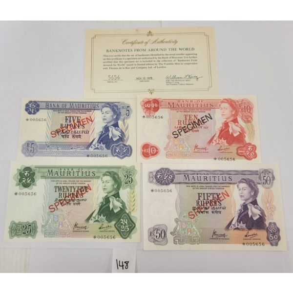 1978 BANK OF MAURITIUS FRANKLIN MINT SPECIMEN SET W/ COA
