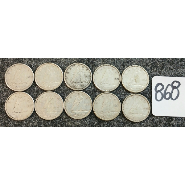 LOT OF 10 - 1953-1965 CDN 10 CENT COINS