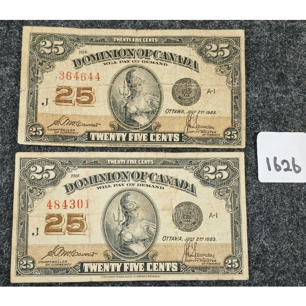 LOT OF 2 - 1923 DOMINION OF CANADA 25 CENT BANKNOTES