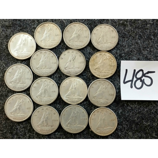 LOT OF 15 - 1957-1968 CDN 10 CENT COINS - INCL SILVER