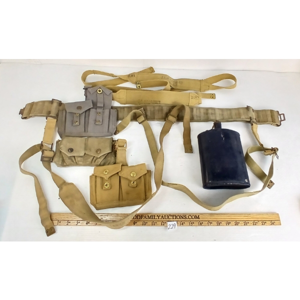 LOT OF 7 - WWII CDN PATTERN 1937 AMMO POUCHES, WEB GEAR & ENAMEL CANTEEN
