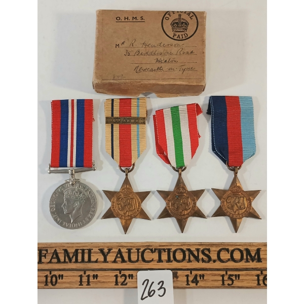 LOT OF 4 - WWII MEDALS OF PTE. R. HENDERSON ROYAL ARTILLERY - INCL BOX