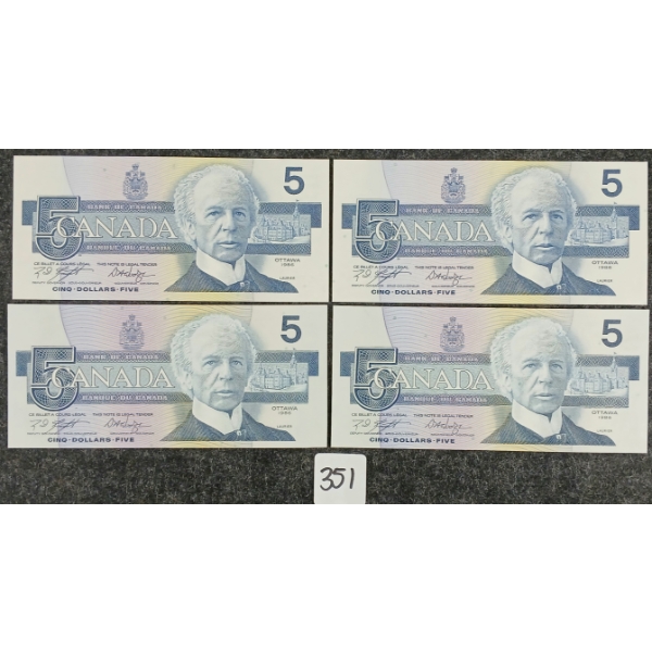 LOT OF 4 - 1986 CDN $5 BANKNOTES - SEQUENTIAL PAIRS