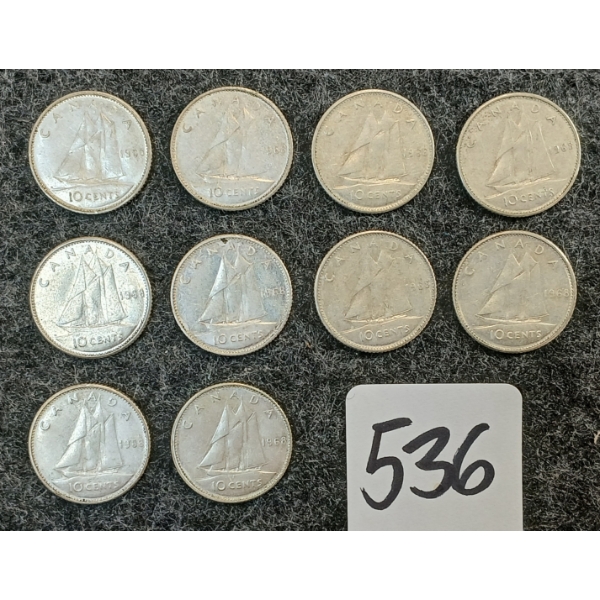 LOT OF 10 - 1968 CDN 10 CENT COINS