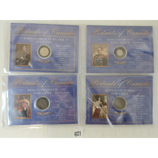 LOT OF 4 - PORTRAITS OF CANADA QUEEN VICTORIA, KING EDWARD VII, KING GEORGE V & VI 1, 10 & 25 CENTS