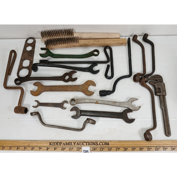 JOB LOT - WIRE BRUSHES - FORD WRENCHES - INCL M WRENCH, ETC.