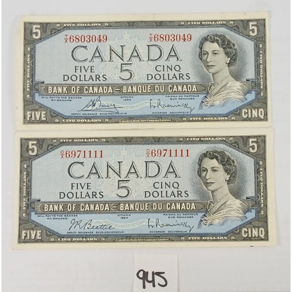 LOT OF 2 - 1954 CDN $5 BANKNOTE - UNCIRCULATED