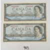 LOT OF 2 - 1954 CDN $5 BANKNOTE - UNCIRCULATED