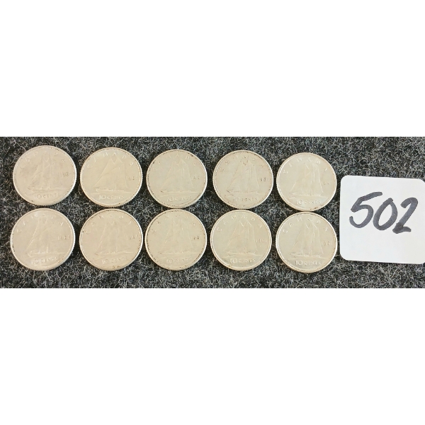 LOT OF 10 - 1961 CDN 10 CENT COINS