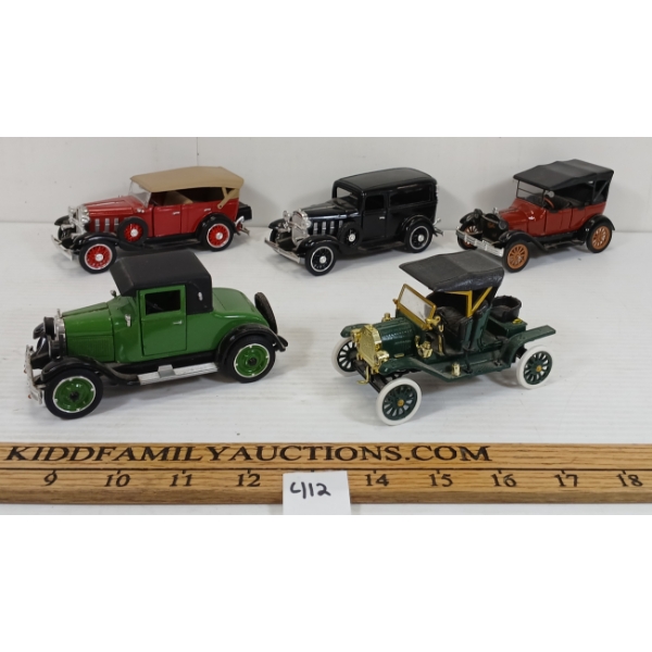 LOT OF 5 - DIECAST MODELS - INCL 1932 CHEVY SEDAN DELIVERY, '26 SUPERIOR V2 PASSENGER COUPE, ETC