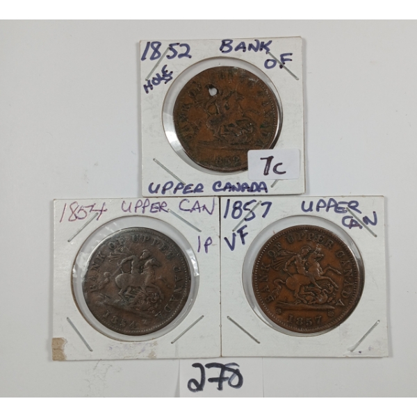 LOT OF 3 - 1852, 1854 & 1857 BANK OF UPPER CANADA PENNIES