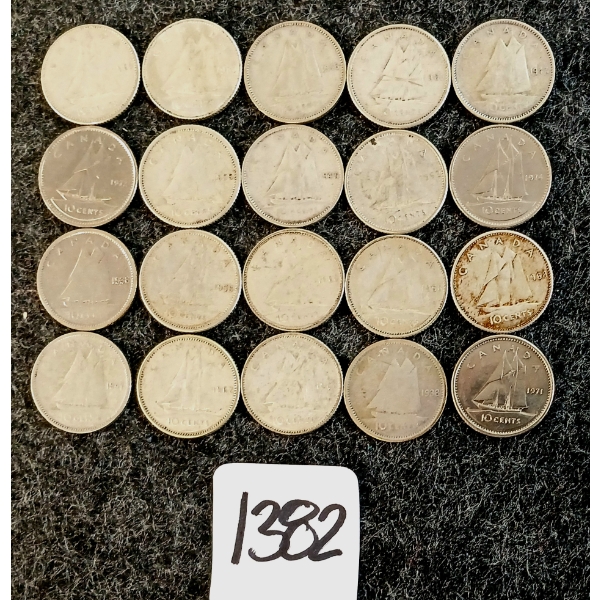 LOT OF 12 - 1938-1974 CDN 10 CENT COINS