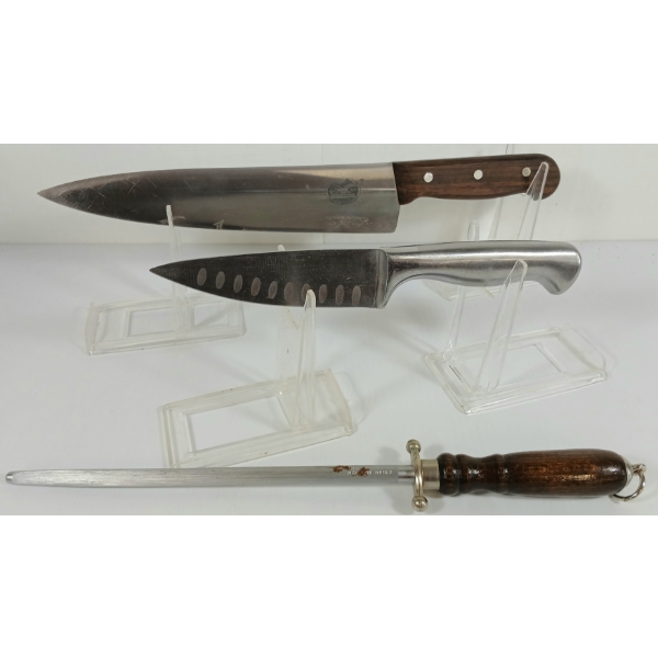 LOT OF 3 - SABATIER & VICTORINOX KITCHEN KNIVES & SHARPENING STEEL