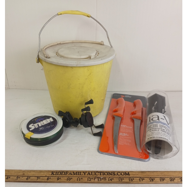 JOB LOT - MINNOW PAIL, UNDERWATER CAMERA CABLE HOLDER & FISHING LINE, ETC