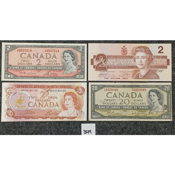 LOT OF 4 - 1954-1986 CDN $2 & 20 BANKNOTES
