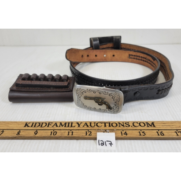 LOT OF 2 - LEATHER BELT W/ BUCKLE & BELT SLIDE AMMO HOLDER