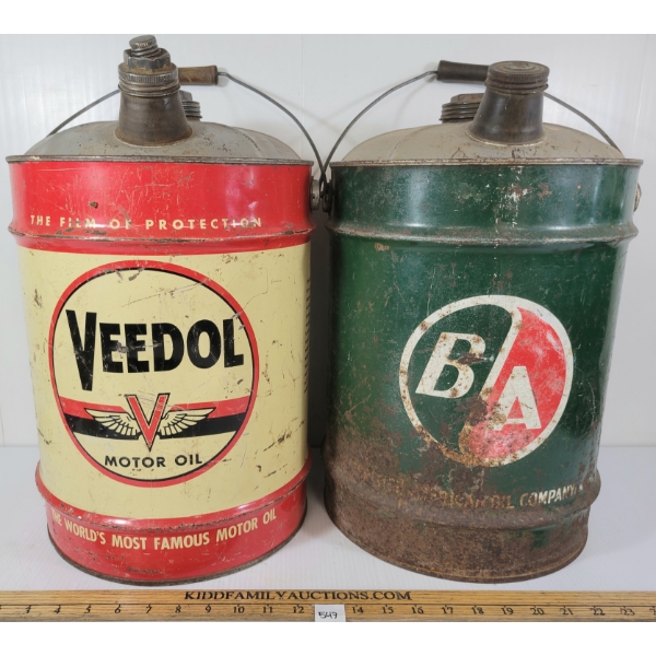  LOT OF 2 - B/A & VEEDOL MOTOR OIL CANS - 5 GAL