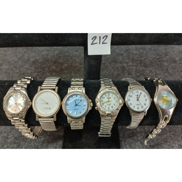 LOT OF 6 - SILVER TONED WATCHES - INCL LANCOME, GUESS, TIMEX, ETC