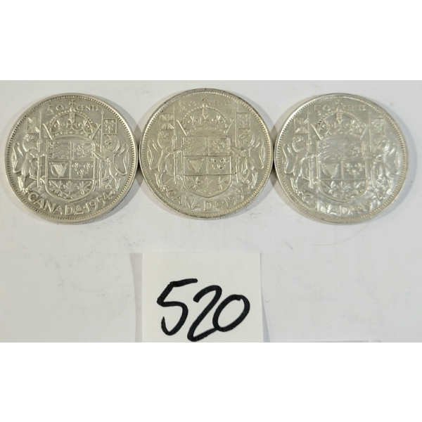 LOT OF 3 - 1954 CDN 50 CENT SILVER COINS