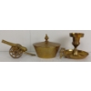 Image 4 : LOT OF 5 - BRASS PIECES - INCL CANDLESTICK HOLDER, BELL, CANNON, DISH & MORTAR W/ PESTLE
