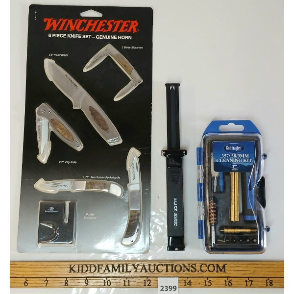LOT OF 3 - WINCHESTER 6PC KNIFE SET, BLACK MAGIC KNIFE W/ GUARD & GUNMASTER CLEANING KIT