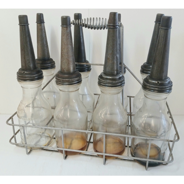 LOT OF 9 - GLASS QT OIL BOTTLES W/ WIRE CARRIER