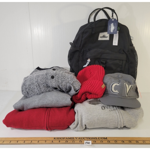 LOT OF 7 - MEN'S SWEATSHIRTS, HOODIES, HATS & MASSEY TRAIL PACK - MFG PENFIELD, POLER, INSIGHT, ETC