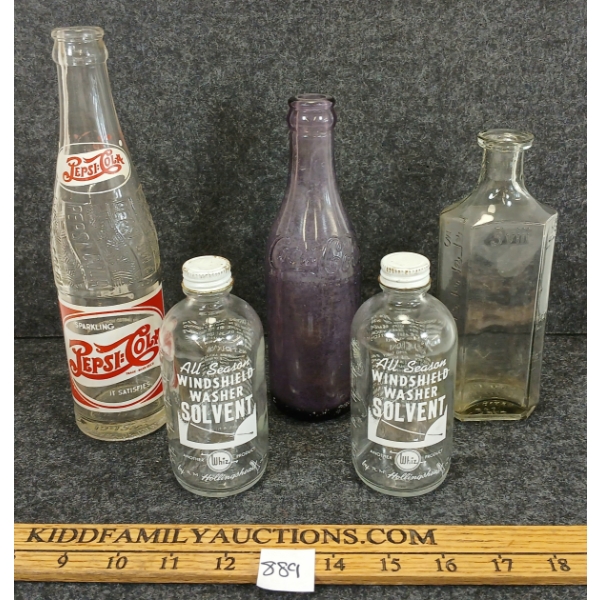 LOT OF 5 - MISC BOTTLES - INCL COCA-COLA & WINDSHIELD SOLVENT