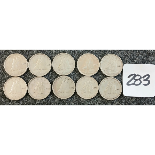 LOT OF 10 - 1945 CDN 10 CENT COINS