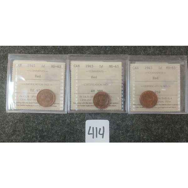 LOT OF 3 - 1945 CDN 1 CENT COINS - ICCS GRADED