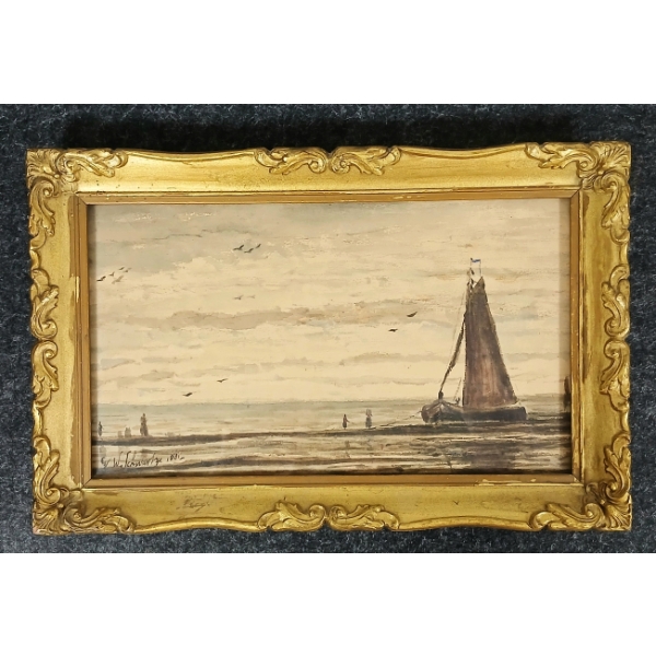 HARBOUR BY GEORGE WASHINGTON SCHWARTZE (1857-1909) - FRAMED WATERCOLOUR ON PAPER