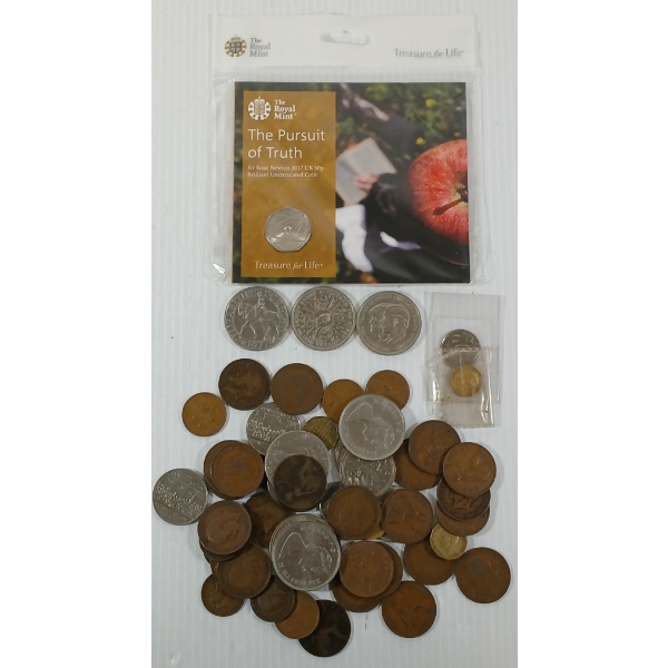 QTY OF CDN & WORLD COINS - INCL 2017 ROYAL MINT 50P UNCIRCULATED COIN - THE PURSUIT OF TRUTH, ETC