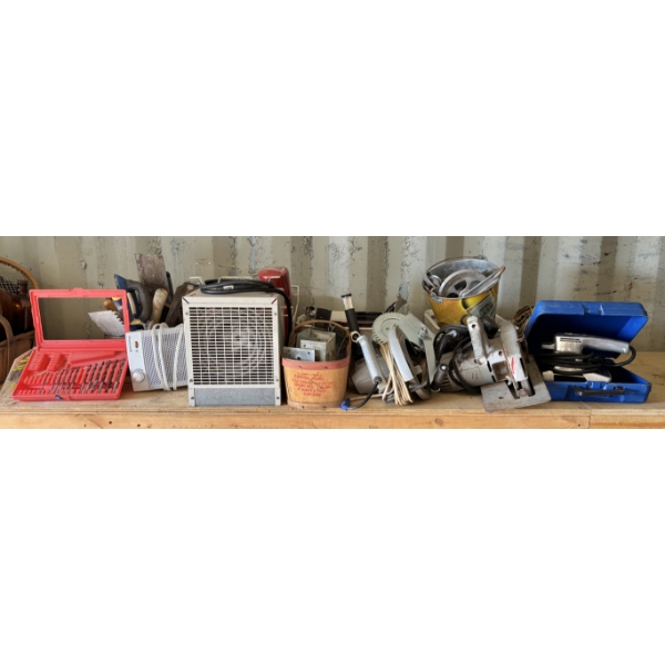 SHELF LOT - INCLUDES HEATERS, OIL FILTERS, POWER TOOLS