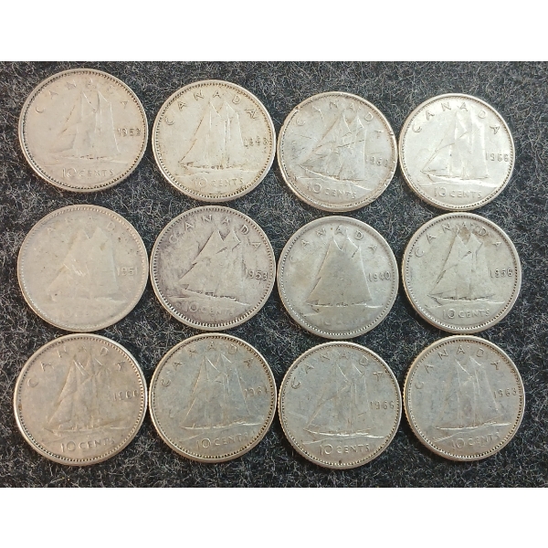 LOT OF 12 - 1940-1966 CDN 10 CENT COINS