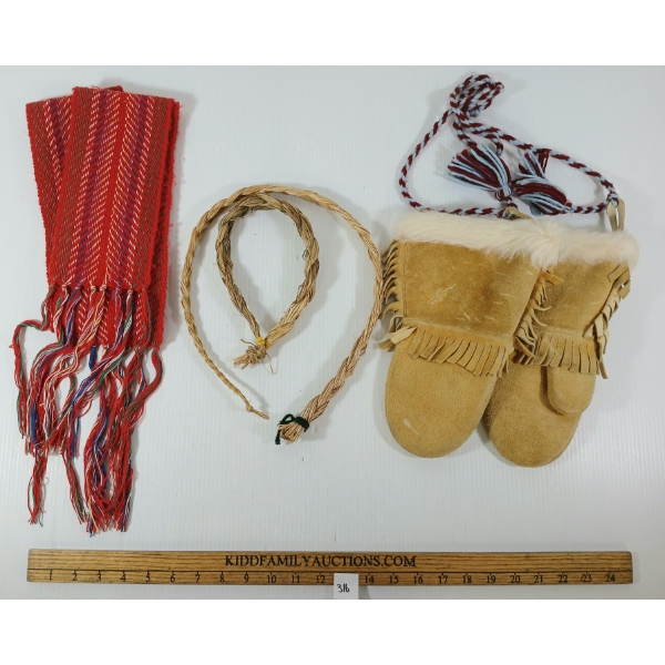 LOT OF 4 - METIS SASH, SWEETGRASS SMUDGE BRAIDS & PAIR OF LEATHER HIDE MITTENS