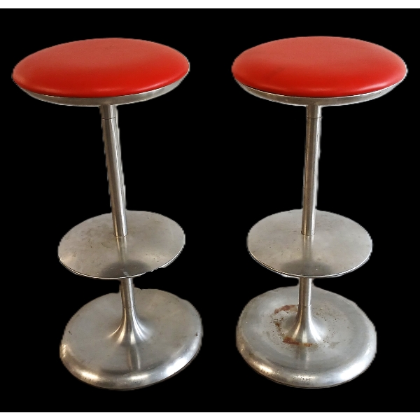 LOT OF 2 - RED VINYL CUSHIONED BAR STOOLS - CIRCA 1950's